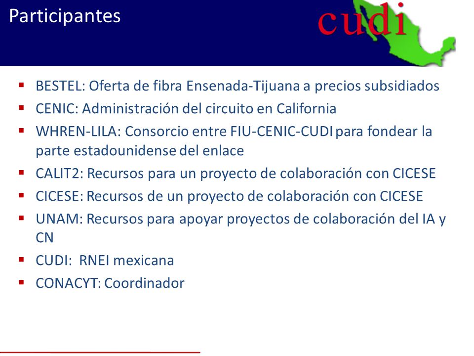 Participantes BESTEL: Oferta de fibra Ensenada-Tijuana a precios subsidiados. CENIC: Administración del circuito en California.