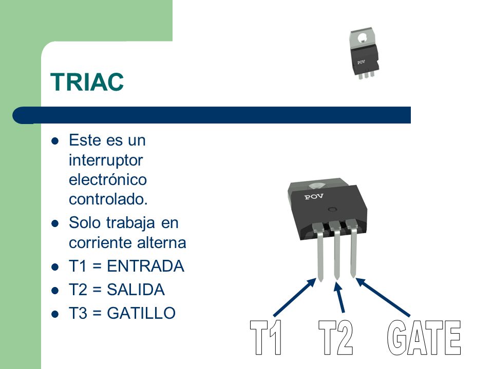 TRIAC T1 T2 GATE Este es un interruptor electrónico controlado.