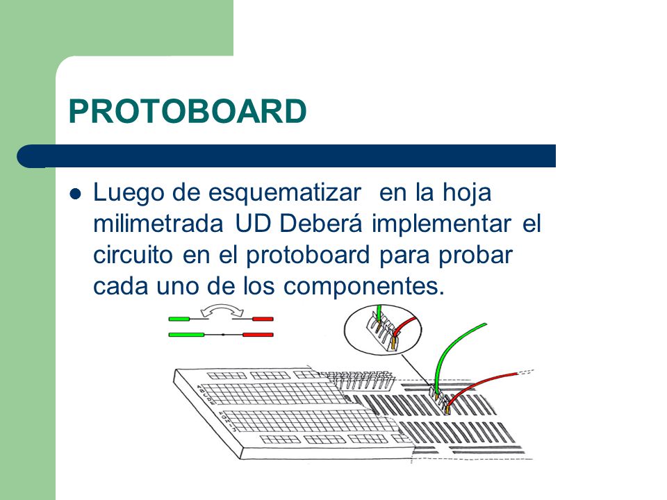PROTOBOARD Luego de esquematizar en la hoja milimetrada UD Deberá implementar el circuito en el protoboard para probar cada uno de los componentes.