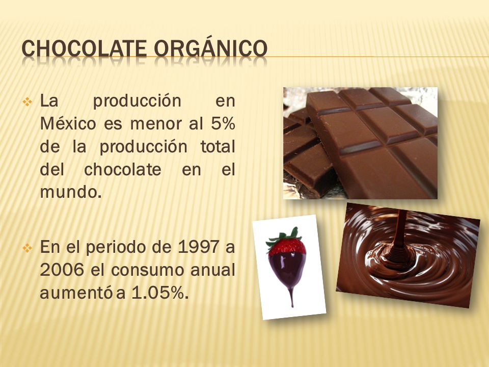 Chocolate orgánico La producción en México es menor al 5% de la producción total del chocolate en el mundo.