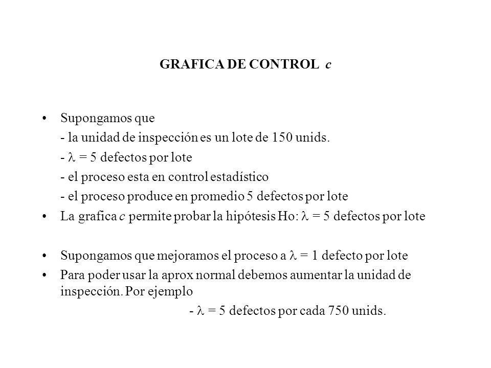 GRAFICA DE CONTROL c Supongamos que. - la unidad de inspección es un lote de 150 unids. -  = 5 defectos por lote.