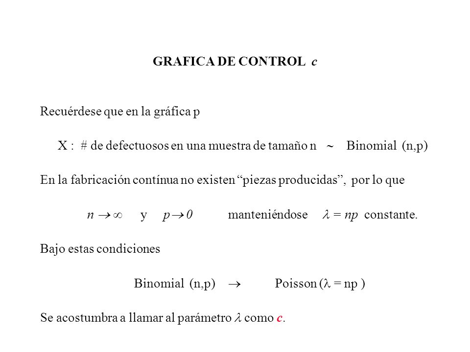 GRAFICA DE CONTROL c Recuérdese que en la gráfica p. X : # de defectuosos en una muestra de tamaño n  Binomial (n,p)