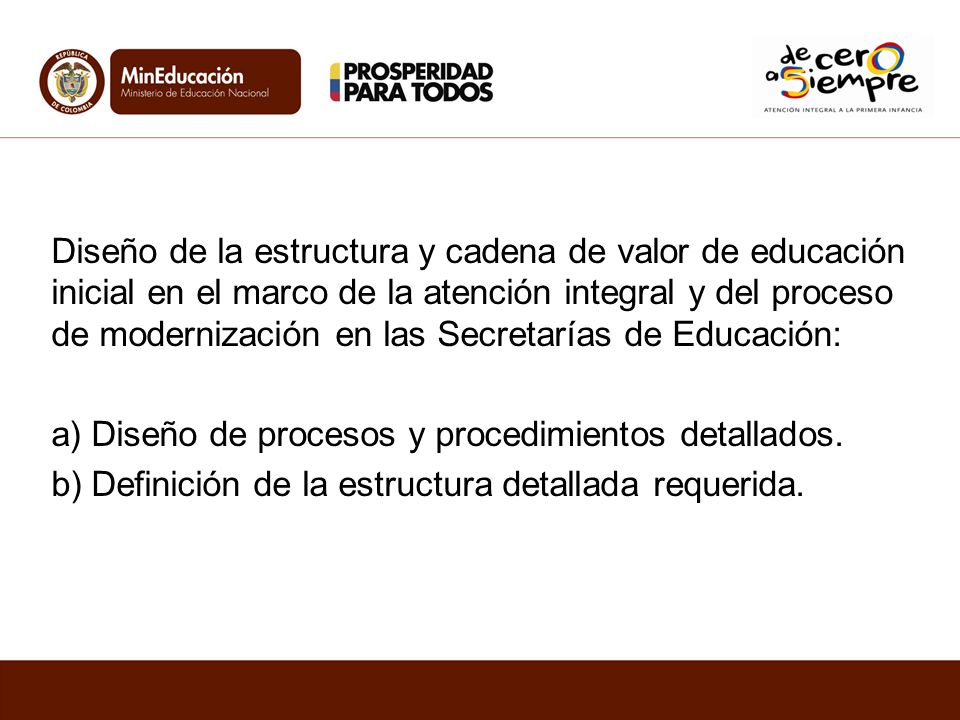 Diseño de la estructura y cadena de valor de educación inicial en el marco de la atención integral y del proceso de modernización en las Secretarías de Educación: a) Diseño de procesos y procedimientos detallados.