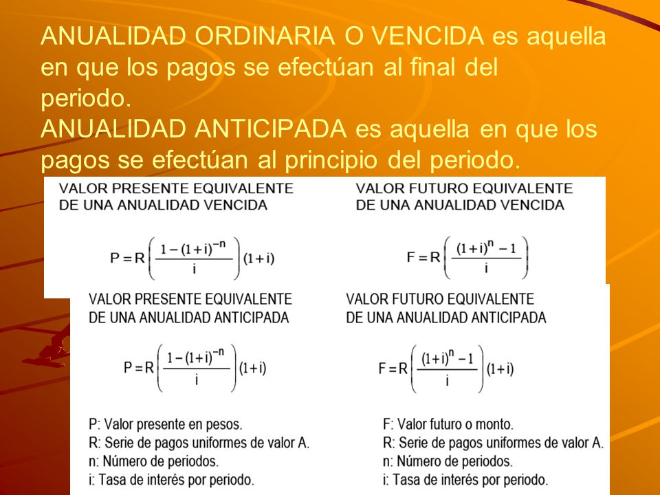 ANUALIDAD ORDINARIA O VENCIDA es aquella en que los pagos se efectúan al final del periodo.