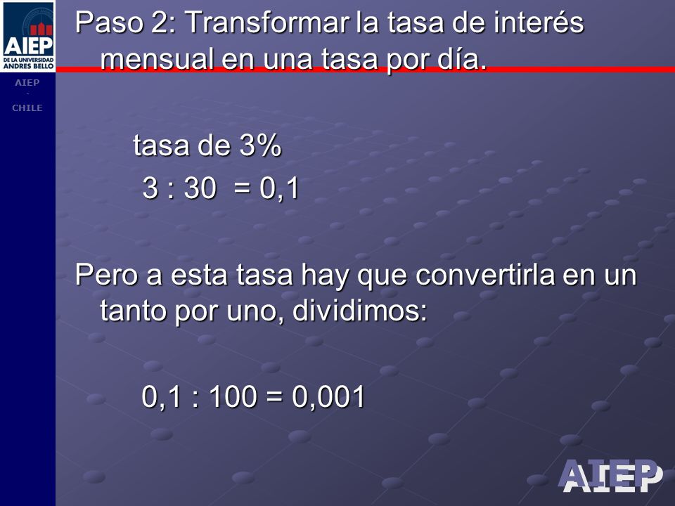 Paso 2: Transformar la tasa de interés mensual en una tasa por día.