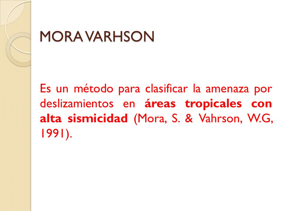 MORA VARHSON Es un método para clasificar la amenaza por deslizamientos en áreas tropicales con alta sismicidad (Mora, S.