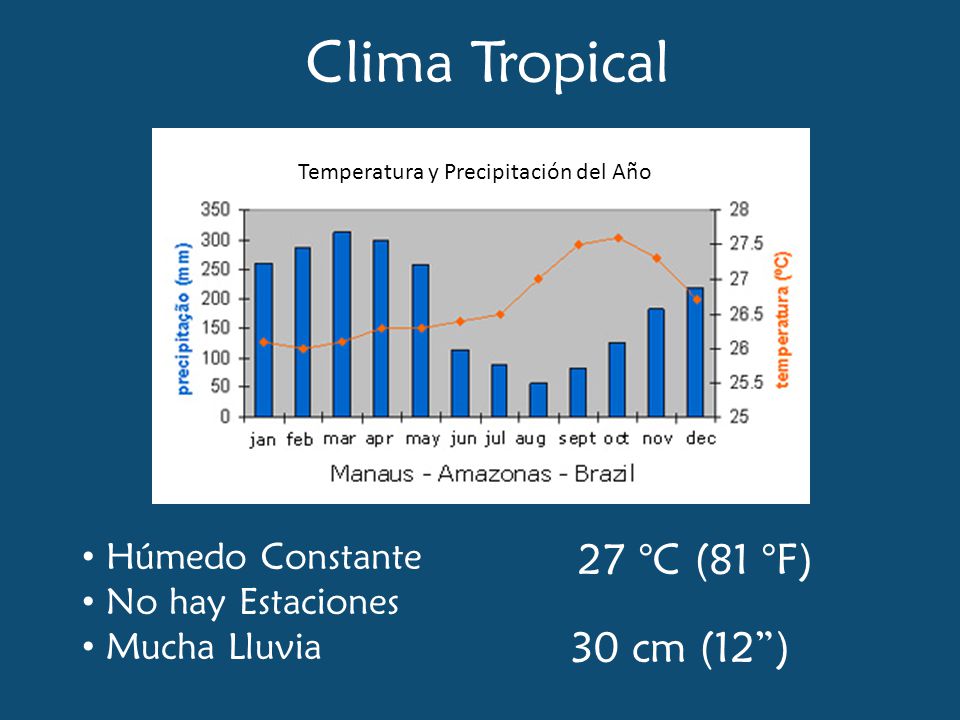 Clima Tropical 27 °C (81 °F) 30 cm (12 ) Húmedo Constante