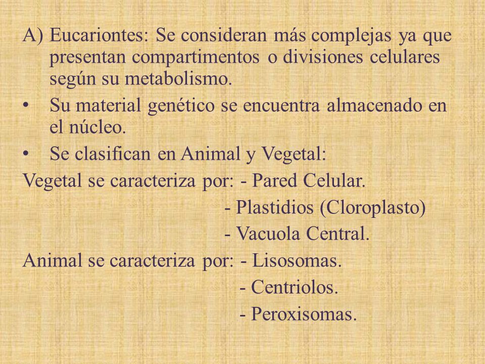 Eucariontes: Se consideran más complejas ya que presentan compartimentos o divisiones celulares según su metabolismo.