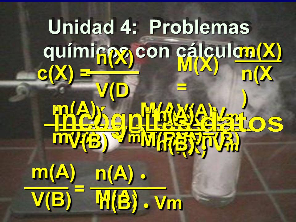 Vm = Unidad 4: Problemas químicos con cálculos m(X) n(X) M(X) = c(X) =