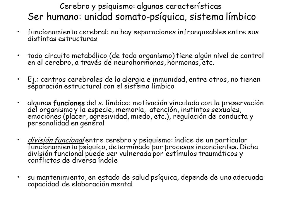 Cerebro y psiquismo: algunas características Ser humano: unidad somato-psíquica, sistema límbico