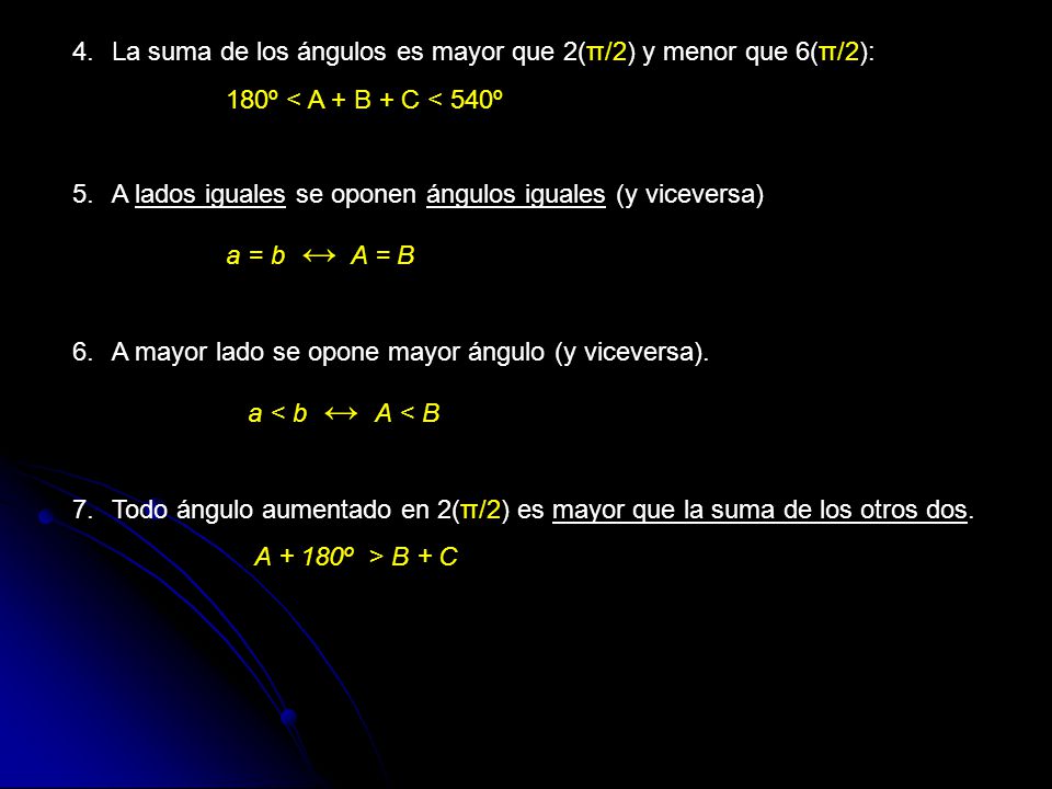La suma de los ángulos es mayor que 2(π/2) y menor que 6(π/2):