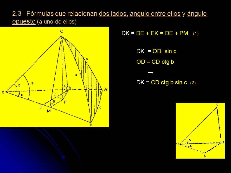 2.3 Fórmulas que relacionan dos lados, ángulo entre ellos y ángulo opuesto (a uno de ellos)