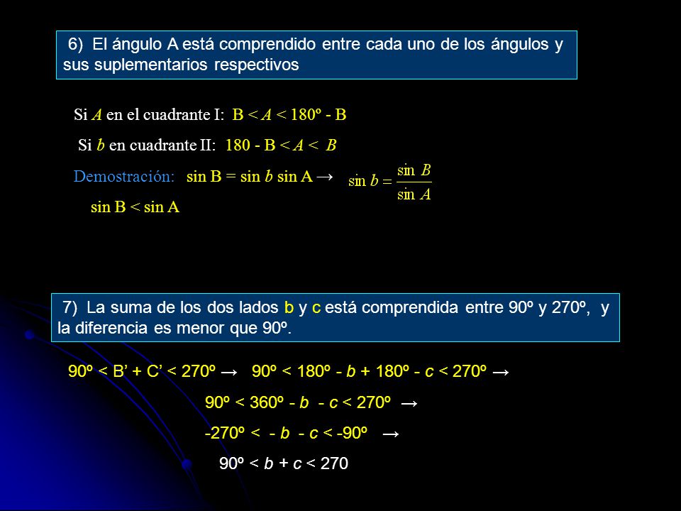6) El ángulo A está comprendido entre cada uno de los ángulos y sus suplementarios respectivos