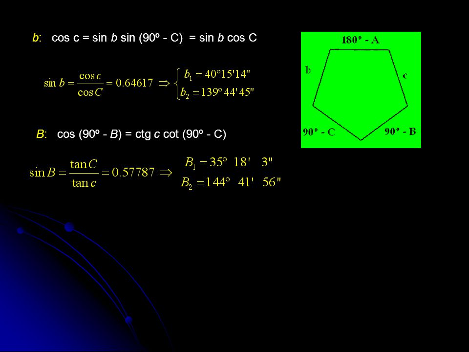 b: cos c = sin b sin (90º - C) = sin b cos C
