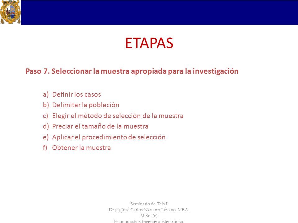 ETAPAS Paso 7. Seleccionar la muestra apropiada para la investigación