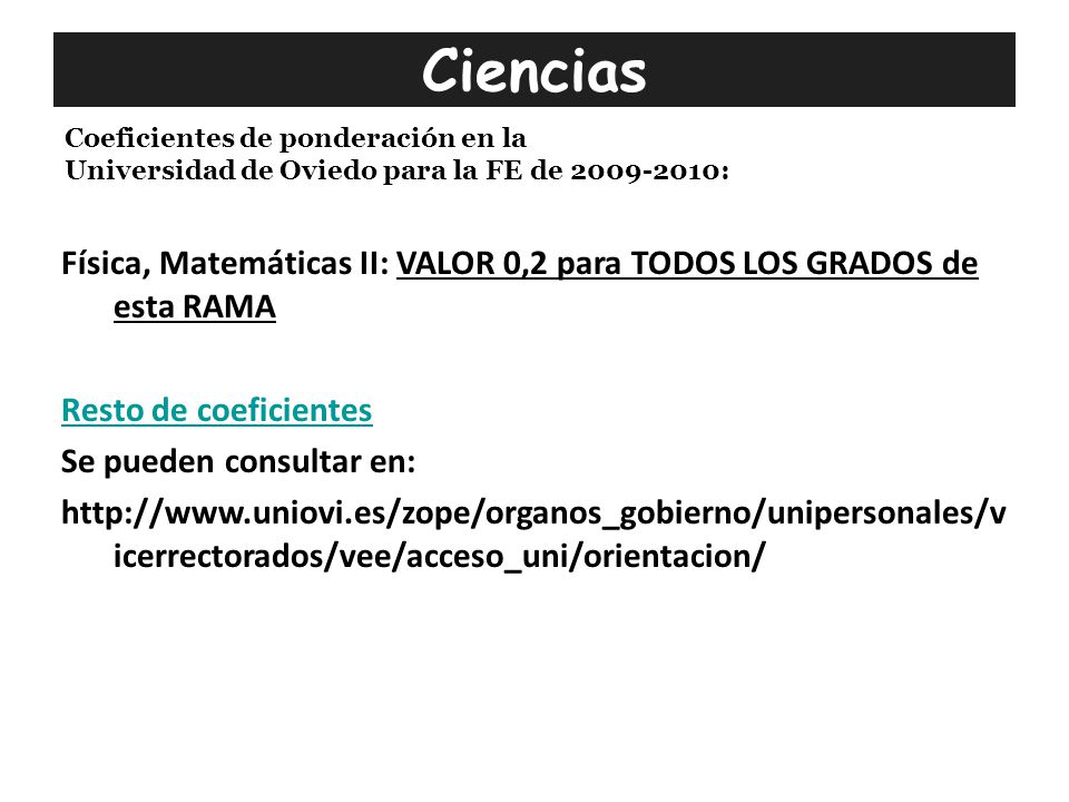 Ciencias Coeficientes de ponderación en la. Universidad de Oviedo para la FE de :