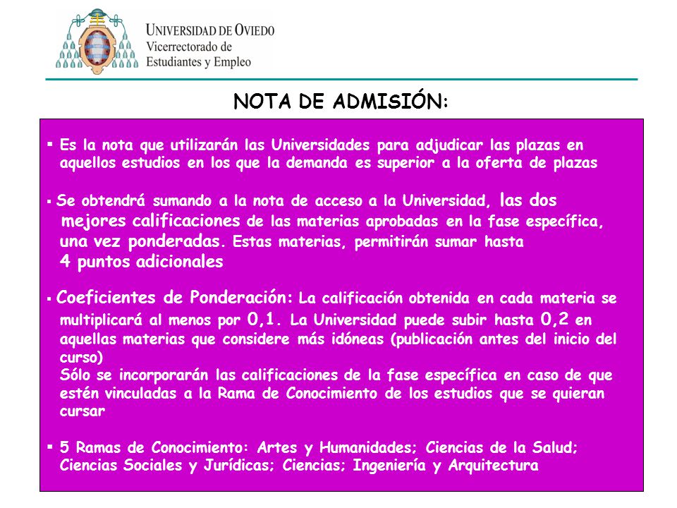 NOTA DE ADMISIÓN: Es la nota que utilizarán las Universidades para adjudicar las plazas en.