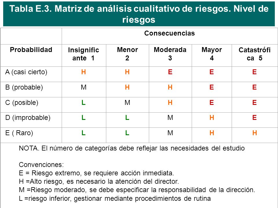 Tabla E.3. Matriz de análisis cualitativo de riesgos. Nivel de riesgos
