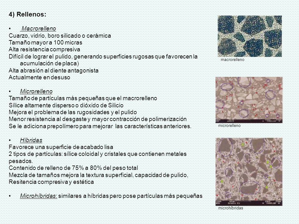 4) Rellenos: Macrorelleno Cuarzo, vidrio, boro silicado o cerámica