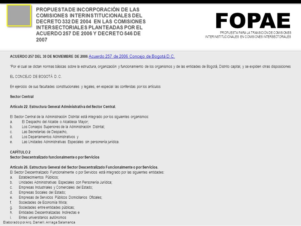 PROPUESTA DE INCORPORACIÓN DE LAS COMISIONES INTERINSTITUCIONALES DEL DECRETO 332 DE 2004 EN LAS COMISIONES INTERSECTORIALES PLANTEADAS POR EL ACUERDO 257 DE 2006 Y DECRETO 546 DE 2007