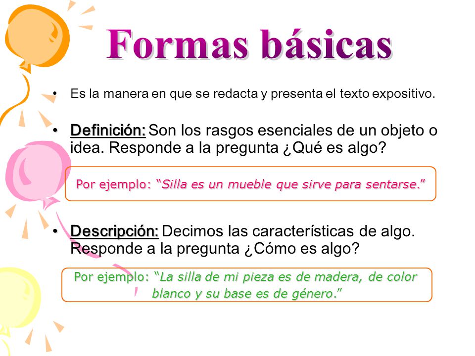 Formas básicas Es la manera en que se redacta y presenta el texto expositivo.