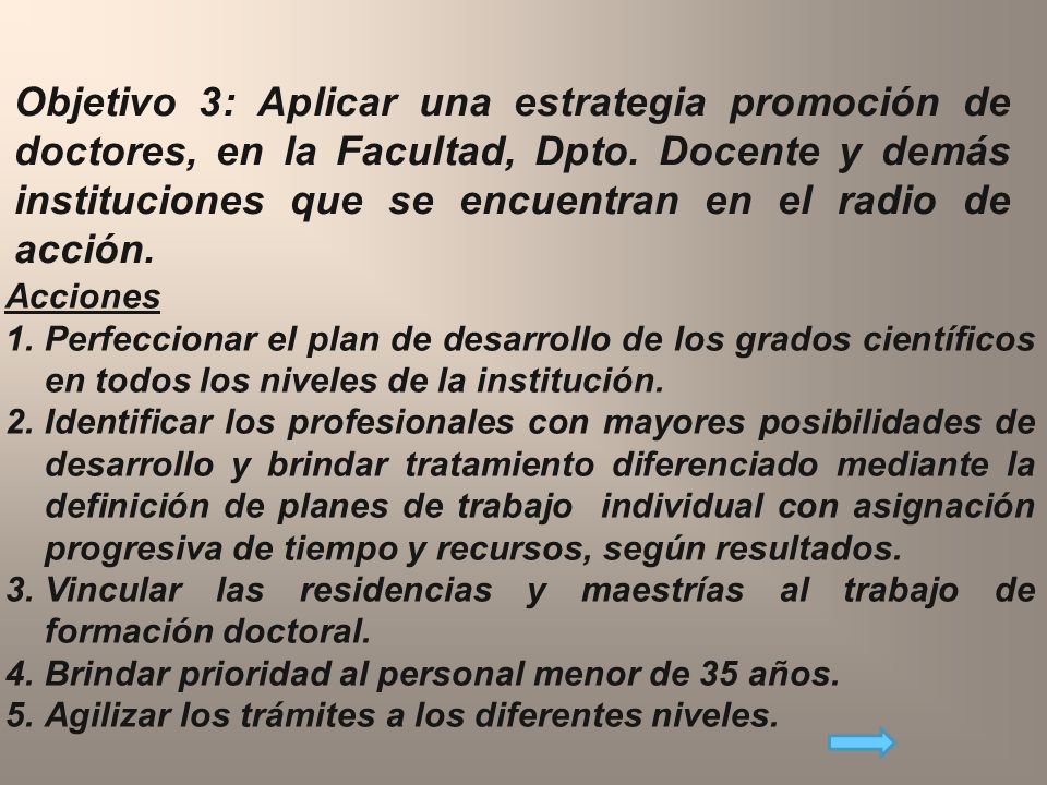 Objetivo 3: Aplicar una estrategia promoción de doctores, en la Facultad, Dpto. Docente y demás instituciones que se encuentran en el radio de acción.