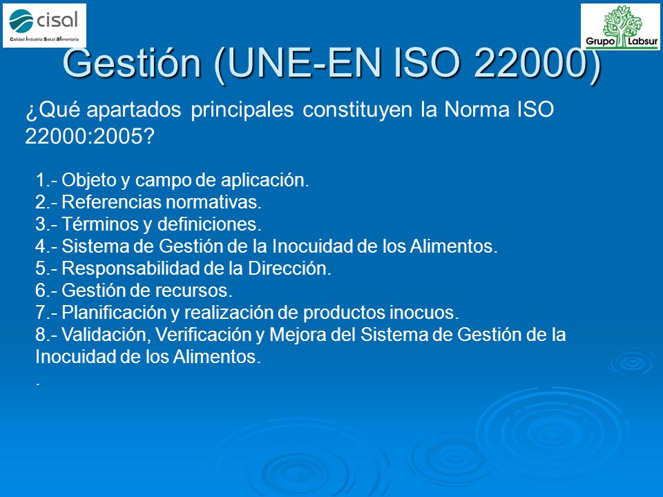 Gestión (UNE-EN ISO 22000) ¿Qué apartados principales constituyen la Norma ISO 22000: Objeto y campo de aplicación.