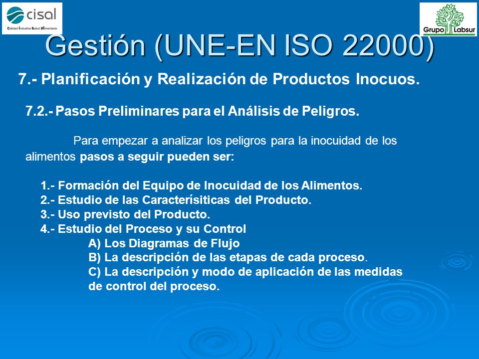 Gestión (UNE-EN ISO 22000) 7.- Planificación y Realización de Productos Inocuos Pasos Preliminares para el Análisis de Peligros.