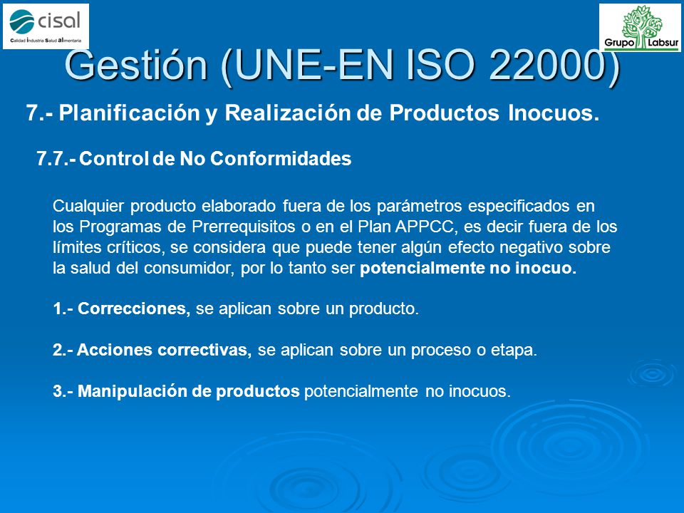 Gestión (UNE-EN ISO 22000) 7.- Planificación y Realización de Productos Inocuos Control de No Conformidades.