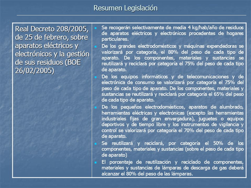 Resumen Legislación Real Decreto 208/2005, de 25 de febrero, sobre aparatos eléctricos y electrónicos y la gestión de sus residuos (BOE 26/02/2005)