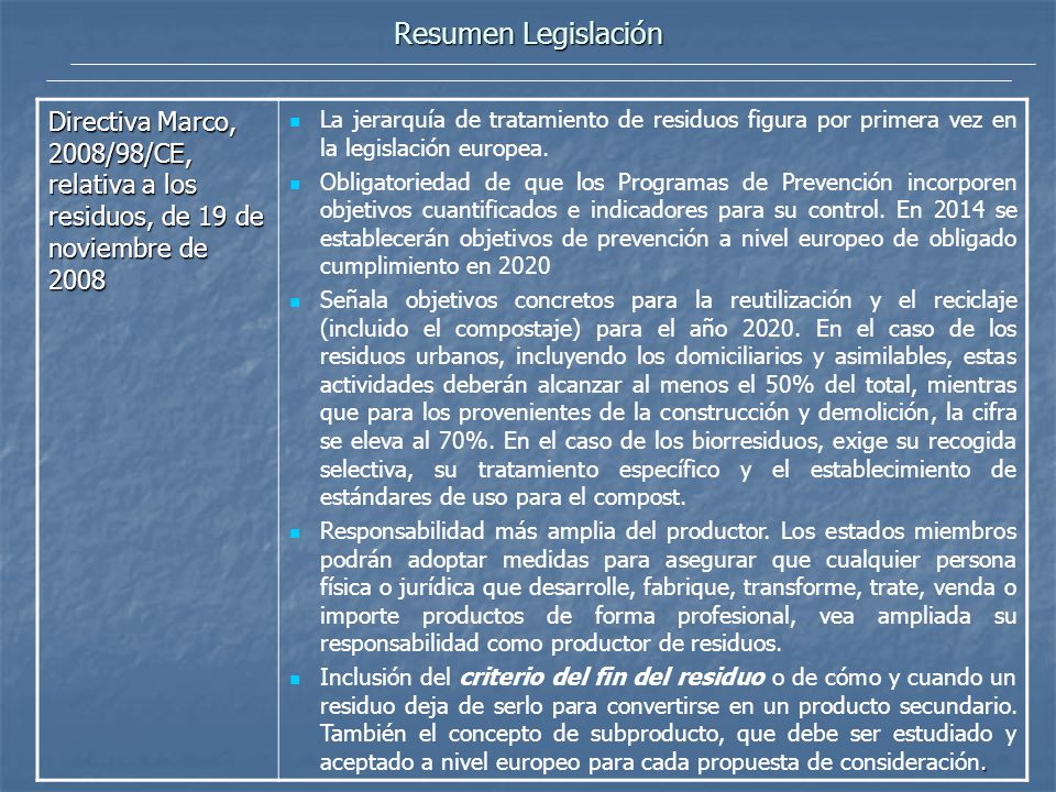 Resumen Legislación Directiva Marco, 2008/98/CE, relativa a los residuos, de 19 de noviembre de