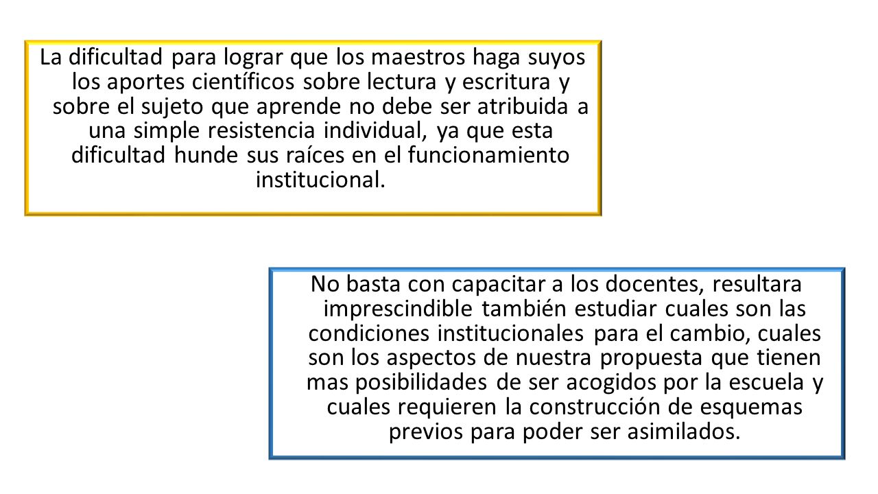 La dificultad para lograr que los maestros haga suyos los aportes científicos sobre lectura y escritura y sobre el sujeto que aprende no debe ser atribuida a una simple resistencia individual, ya que esta dificultad hunde sus raíces en el funcionamiento institucional.