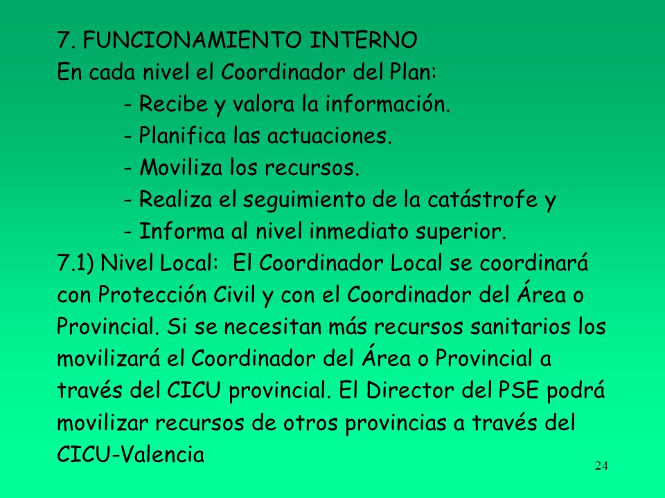 7. FUNCIONAMIENTO INTERNO En cada nivel el Coordinador del Plan: