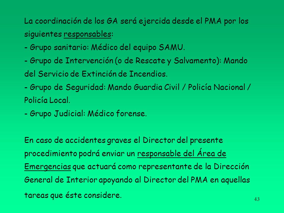 La coordinación de los GA será ejercida desde el PMA por los siguientes responsables: - Grupo sanitario: Médico del equipo SAMU.