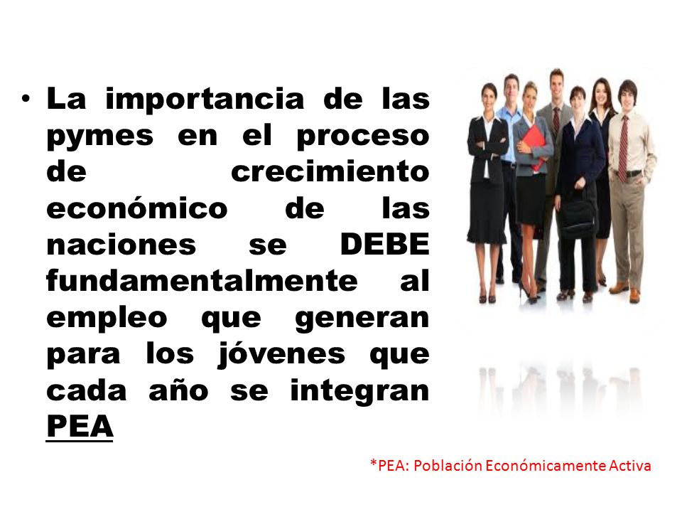 La importancia de las pymes en el proceso de crecimiento económico de las naciones se DEBE fundamentalmente al empleo que generan para los jóvenes que cada año se integran PEA