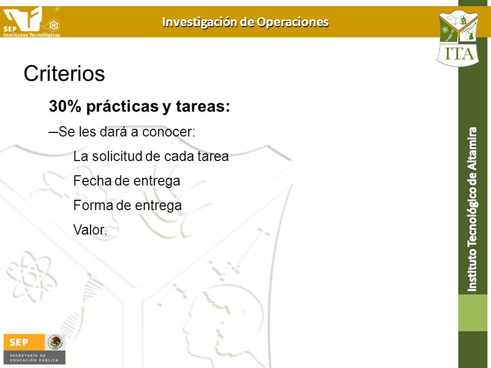 Criterios 30% prácticas y tareas: Se les dará a conocer: