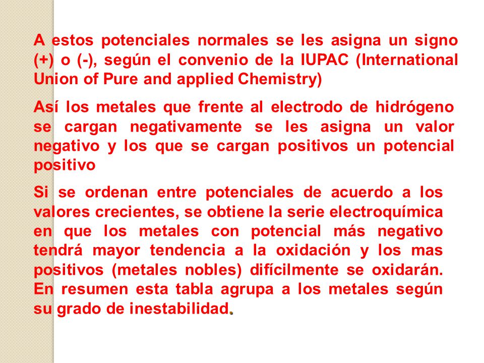 A estos potenciales normales se les asigna un signo (+) o (-), según el convenio de la IUPAC (International Union of Pure and applied Chemistry)