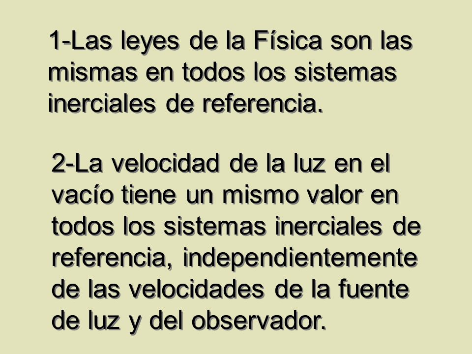 1-Las leyes de la Física son las mismas en todos los sistemas inerciales de referencia.