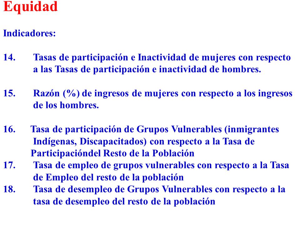 Equidad Indicadores: 14. Tasas de participación e Inactividad de mujeres con respecto. a las Tasas de participación e inactividad de hombres.