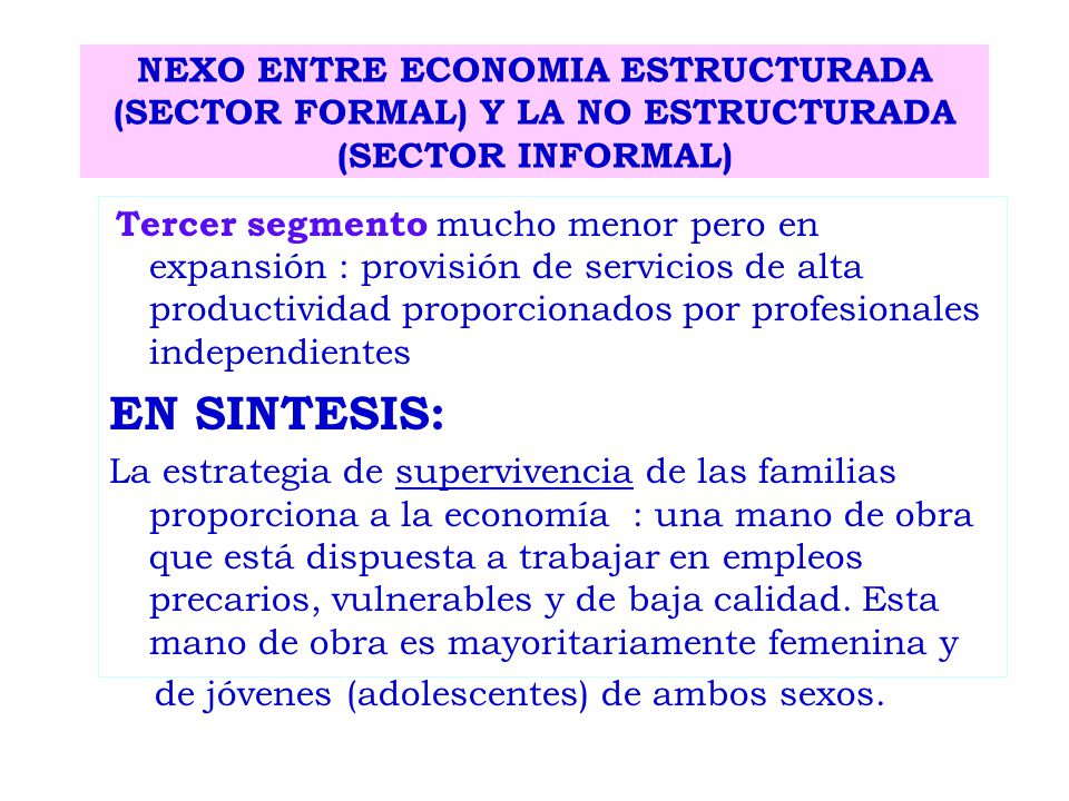 NEXO ENTRE ECONOMIA ESTRUCTURADA (SECTOR FORMAL) Y LA NO ESTRUCTURADA (SECTOR INFORMAL)