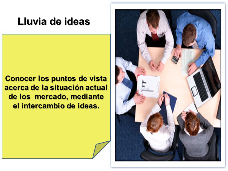 Lluvia de ideas Conocer los puntos de vista acerca de la situación actual de los mercado, mediante el intercambio de ideas.