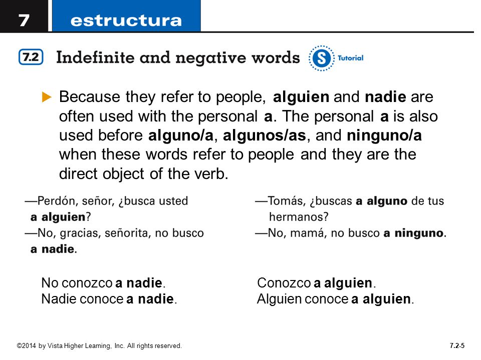 Because they refer to people, alguien and nadie are often used with the personal a. The personal a is also used before alguno/a, algunos/as, and ninguno/a when these words refer to people and they are the direct object of the verb.