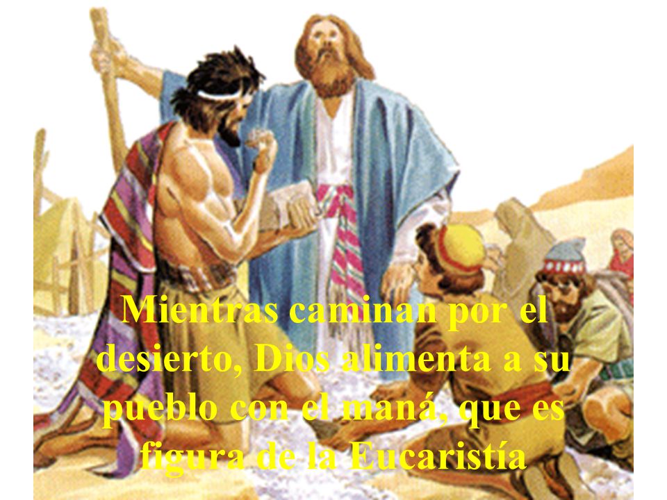 Mientras caminan por el desierto, Dios alimenta a su pueblo con el maná, que es figura de la Eucaristía
