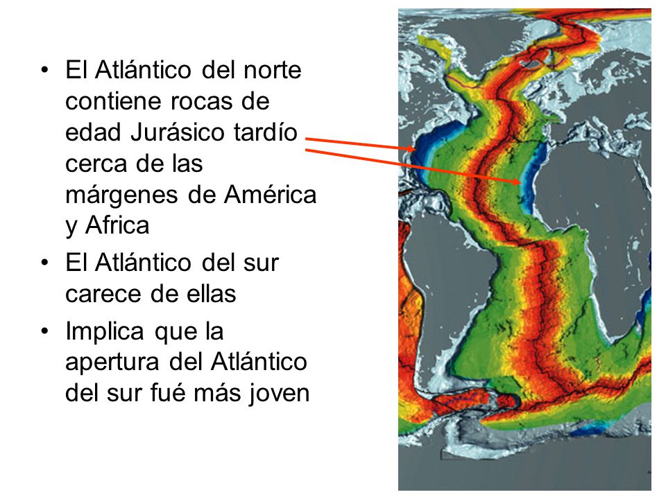El Atlántico del norte contiene rocas de edad Jurásico tardío cerca de las márgenes de América y Africa