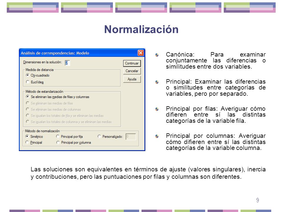 Normalización Canónica: Para examinar conjuntamente las diferencias o similitudes entre dos variables.