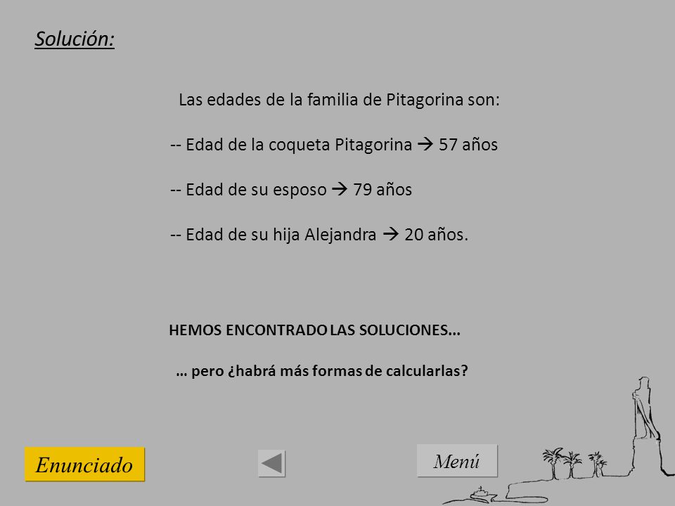 Solución: Enunciado Menú Las edades de la familia de Pitagorina son: