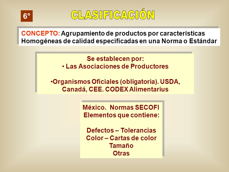 CLASIFICACIÓN 6° CONCEPTO: Agrupamiento de productos por características. Homogéneas de calidad especificadas en una Norma o Estándar.