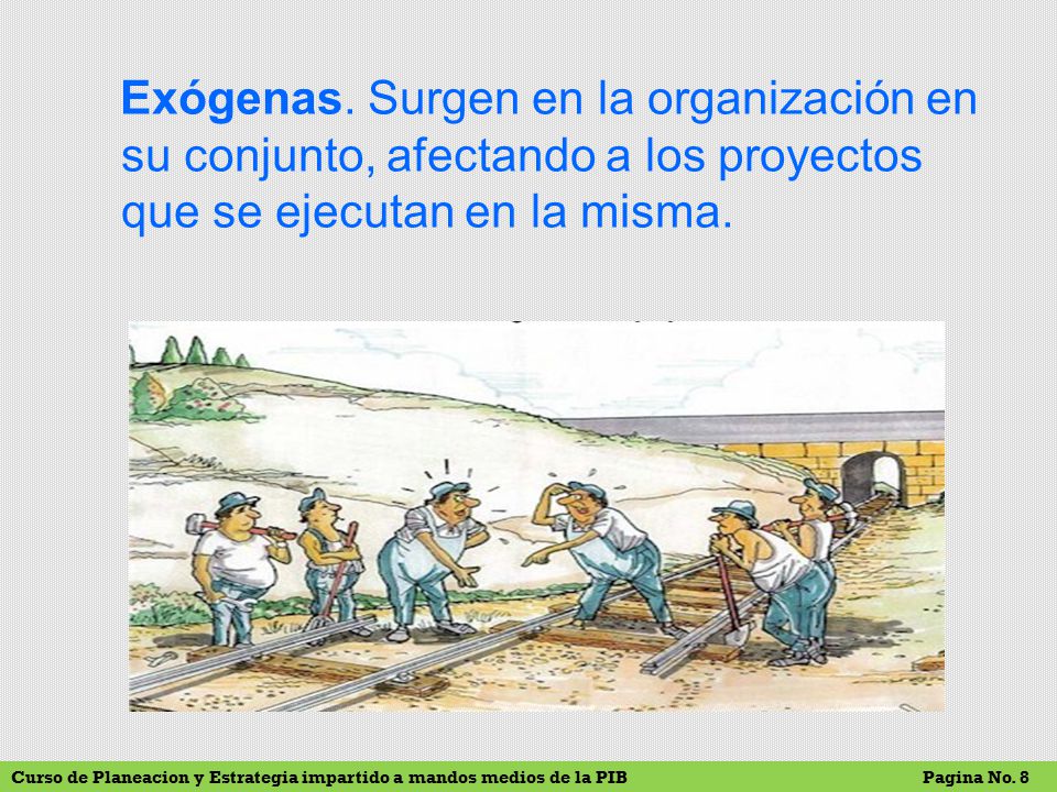 Exógenas. Surgen en la organización en su conjunto, afectando a los proyectos que se ejecutan en la misma.
