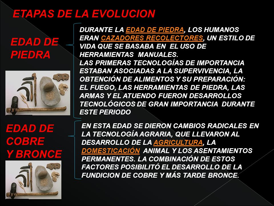ETAPAS DE LA EVOLUCION EDAD DE PIEDRA EDAD DE COBRE Y BRONCE
