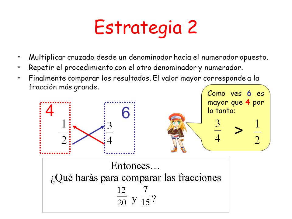 Estrategia 2 Multiplicar cruzado desde un denominador hacia el numerador opuesto. Repetir el procedimiento con el otro denominador y numerador.